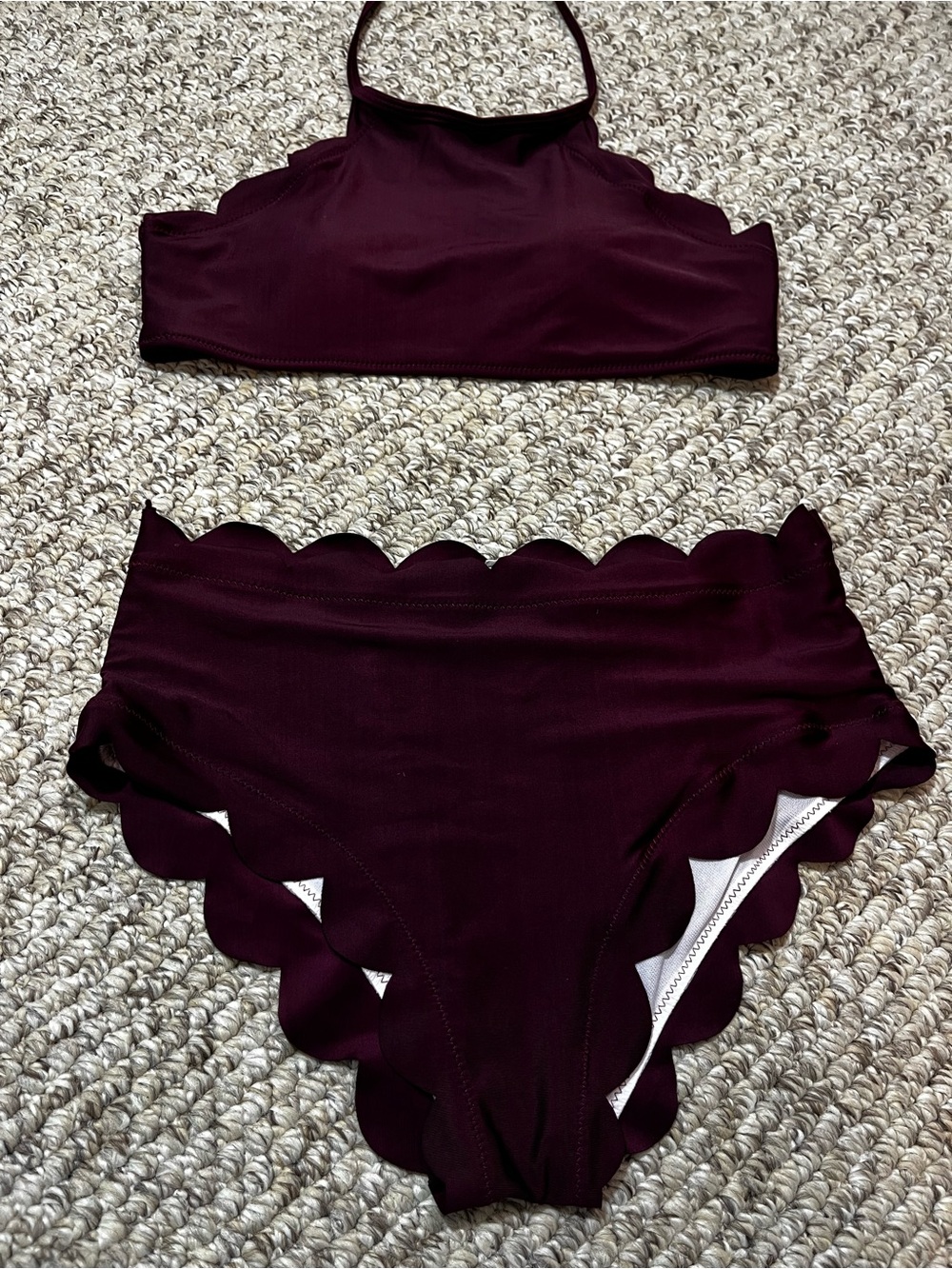 Scalloped High Neck Bikini Set Burgundy Maroon High Waisted Size L